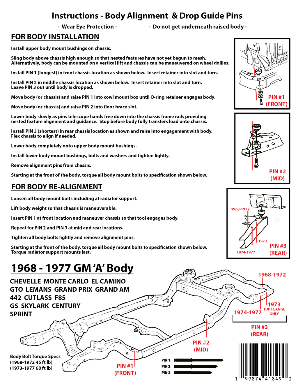 1968 - 1977 GM "A" Body - Chassis / Body Alignment & Drop Guide Pins